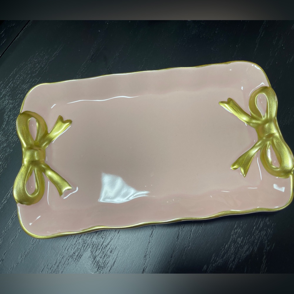 Pink & Gold Bow Small Ceramic Trinket Tray Vanity Beauty room NEW Coquette